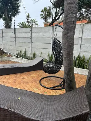 a black chair sitting next to a tree at Daisy Accomodation and Spa 5 Bed all private en-suite in Cape Town