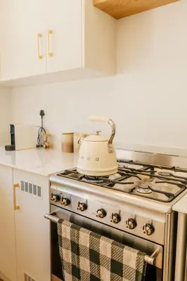 a kitchen with a stove with a tea kettle on it at Patryssenvalleij Farm and Cottages in Stellenbosch