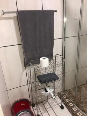 a shower with a roll of toilet paper on a rack at Relaxing Hideaway in Strand