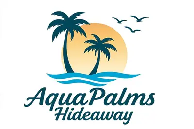 a vector illustration of a palm tree in the ocean and a sunset at AquaPalms Hideaway - Family Friendly Pool & Hot Tub in Cape Town