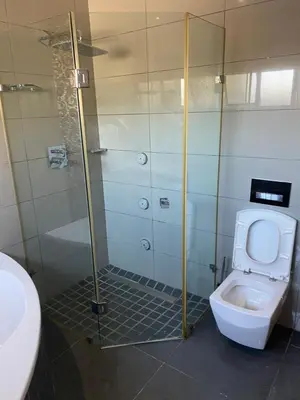 a bathroom with a toilet and a glass shower at Plattekloof Queens Guest House in Welgelegen