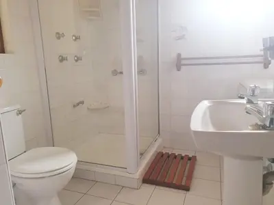 a bathroom with a shower and a toilet and a sink at Happidaze in Hermanus