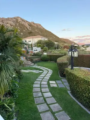 a garden with a walkway with grass and bushes at Yellow Wood 1 in Hermanus