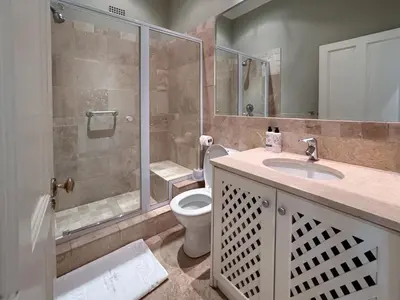 a bathroom with a shower and a toilet and a sink at La Petite Maison in Franschhoek