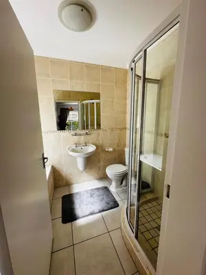 a bathroom with a toilet and a sink and a shower at Seaside Serenity in Cape Town