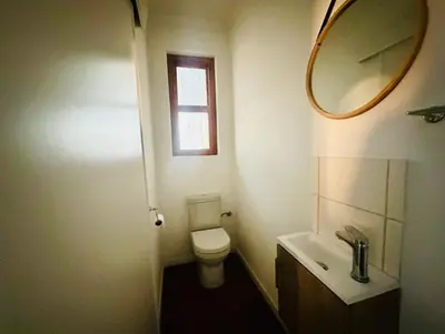 a bathroom with a toilet and a sink and a mirror at Stellebosch garden flat in Stellenbosch