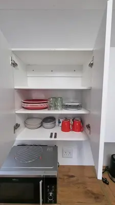 a kitchen with a stove and dishes on shelves at Stellebosch garden flat in Stellenbosch