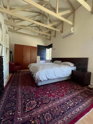 a bedroom with a large bed and a rug at Spacious Self-Catering Apartment with Private Entrance in Peaceful Paradyskloof, Stellenbosch in Stellenbosch