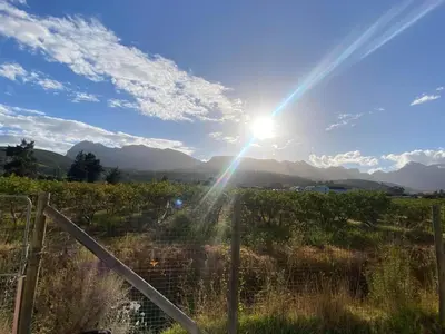 a sun shining over a field with mountains in the background at Magents Farm Guesthouse in Paarl