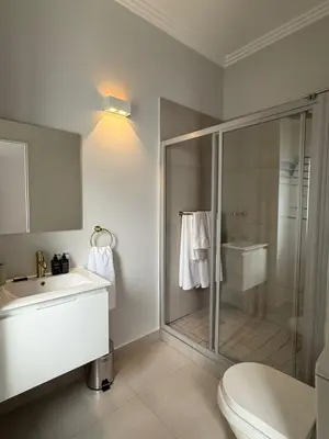 a bathroom with a shower and a toilet and a sink at CAG The Alxndr Stellenbosch in Stellenbosch