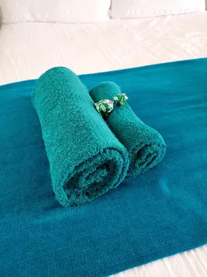 a green towel is laying on a bed at Le Bay Lodge in Gordonʼs Bay