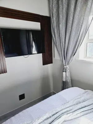 a bedroom with a bed with a curtain and a window at En suite in Cape Town