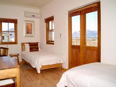 a hotel room with two beds and a window at Lovane Boutique Wine Estate and Guesthouse in Stellenbosch