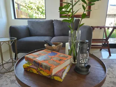 a coffee table with two books on top of it at Swallows Nest Garden Cottage in Helderberg