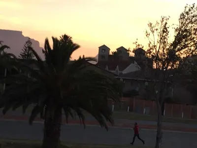 a person walking past a palm tree at sunset at 10 South Views in Bloubergstrand