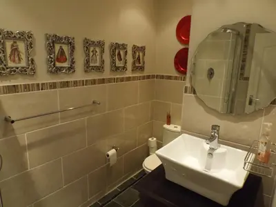 a bathroom with a sink and a mirror and a toilet at Ambleside House Pinelands, Cape Town in Cape Town