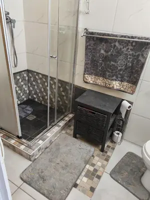 a bathroom with a shower and a toilet and a stool at Carol's Place in Somerset West
