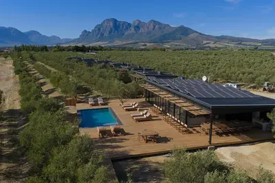 an overhead view of a building with a pool and solar panels at Olijvenkraal Winelands Lodge in Paarl