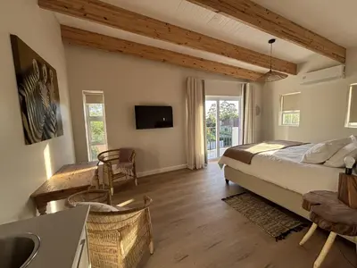 a bedroom with a bed and a desk and a sink at Golden Hillside in Somerset West