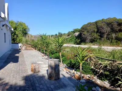 a walkway with palm trees on the side of a building at Providence in Hermanus