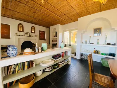 a living room with a book shelf and a fireplace at Cape Holly Beach House in Pringle Bay