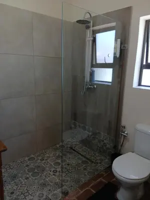 a bathroom with a glass shower with a toilet at Chasselas Studio in Somerset West