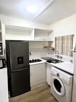 a kitchen with a black refrigerator and a dishwasher at Offbeat off Dorp in Stellenbosch