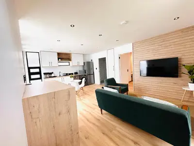 a living room with a couch and a kitchen at Modern Scandinavian Luxury Apartment in Hermanus