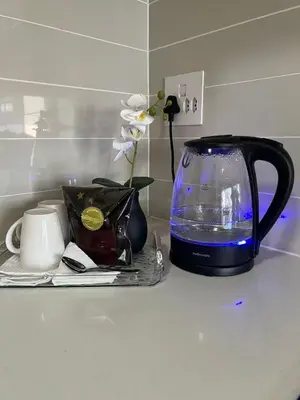 a tea kettle and a vase with a flower on a counter at The Jade, Somerset West in Strand