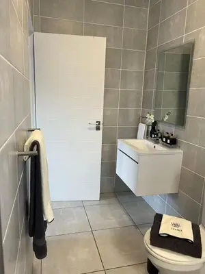 a bathroom with a sink and a toilet and a mirror at The Jade, Somerset West in Strand