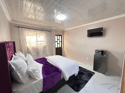 a bedroom with a bed with purple sheets and a tv at New Dawn Guest House in Goodwood