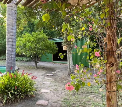 a garden with a building and some flowers and trees at Maggie Rose Self Catering Cottage in Greyton