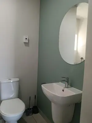 a bathroom with a white toilet and a sink at Belhar Lofts in Belhar