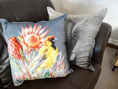 a pillow with a bird and an elephant on a couch at African Oasis Kenya in Somerset West