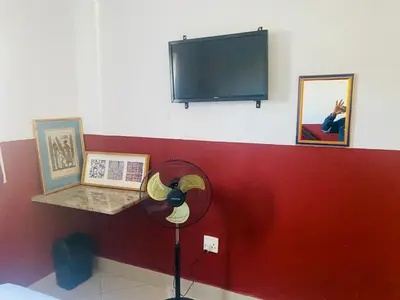a room with a fan and a flat screen tv at Prince Adina Guesthouse in Tiervlei