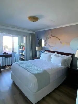a bedroom with a large white bed with a painting on the wall at Opulent Home Stay in Cape Town