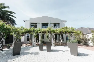 a white house with trees in front of it at Whale Away Guest House in Hermanus