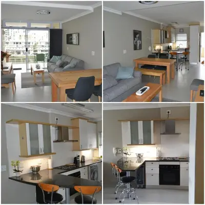 four different views of a kitchen and a living room at Tyger Waterfront Penthouse Duplex Apartment in Tyger Valley