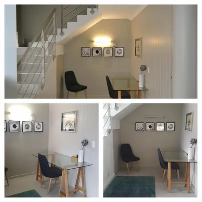 two pictures of a dining room with a table and stairs at Tyger Waterfront Penthouse Duplex Apartment in Tyger Valley