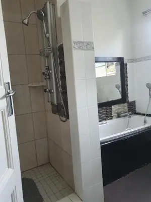 a bathroom with a shower with a tub and a sink at Ludinz Accomodation Self Catering in Avondale