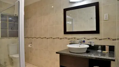 a bathroom with a sink and a mirror and a toilet at Cumberland Hotel & Conference Centre Worcester in Worcester
