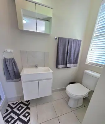 a bathroom with a toilet and a sink and a mirror at 2 Bedroom house at Tweespruit - Pet friendly in Stellenbosch
