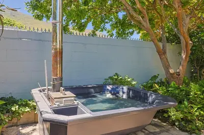 a bath tub with a fountain in a garden at Herringbone with Wood-Fired Hot Tub in Hermanus