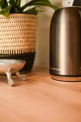 a metal kettle on a table with two plants at Velvet & Bloom Cottage in Durbanville in Oakdale