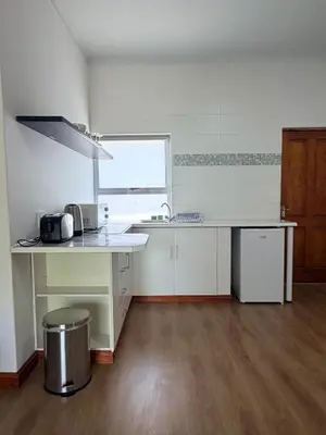 a white kitchen with a counter and a sink at Le Grec Wine Tram Apartment #2 in Franschhoek