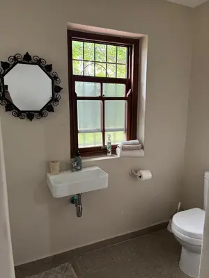 a bathroom with a sink and a window and a toilet at Heldeberg 6 in Stellenbosch