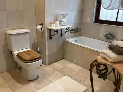 a bathroom with a toilet and a bath tub at Heldeberg 6 in Stellenbosch