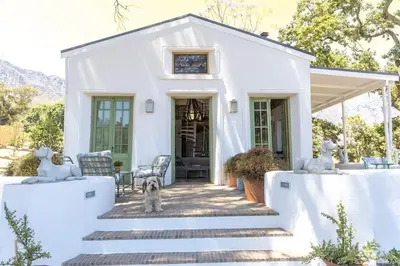 a dog standing in front of a white house at Authentic and Charming French-inspired Cottage in Franschhoek