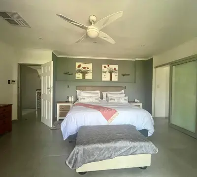 a bedroom with a bed with a ceiling fan at Paarl View House in Paarl