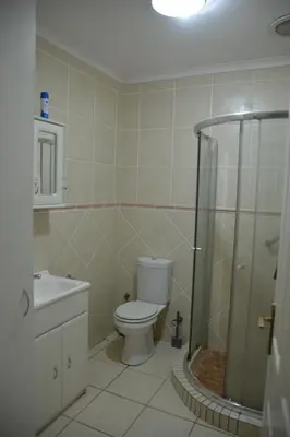 a bathroom with a shower and a toilet and a sink at 2-Bedroom Private Garden Flat, Durbanville in Durbanville